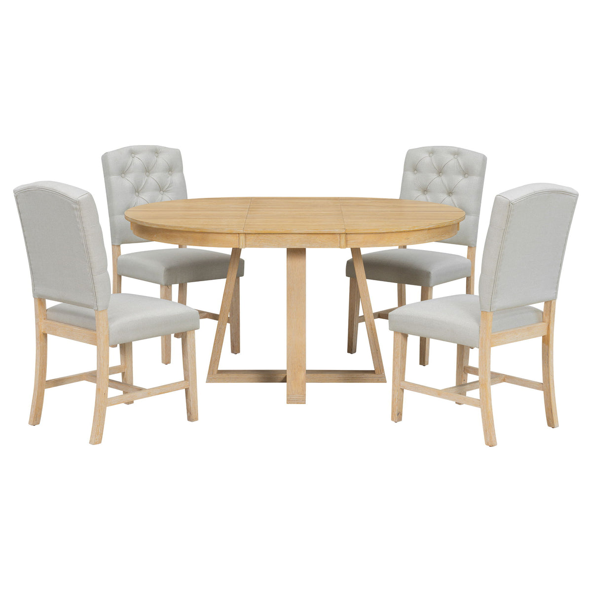 Light brown round dining table with leaf-style design and 4 beige upholstered chairs