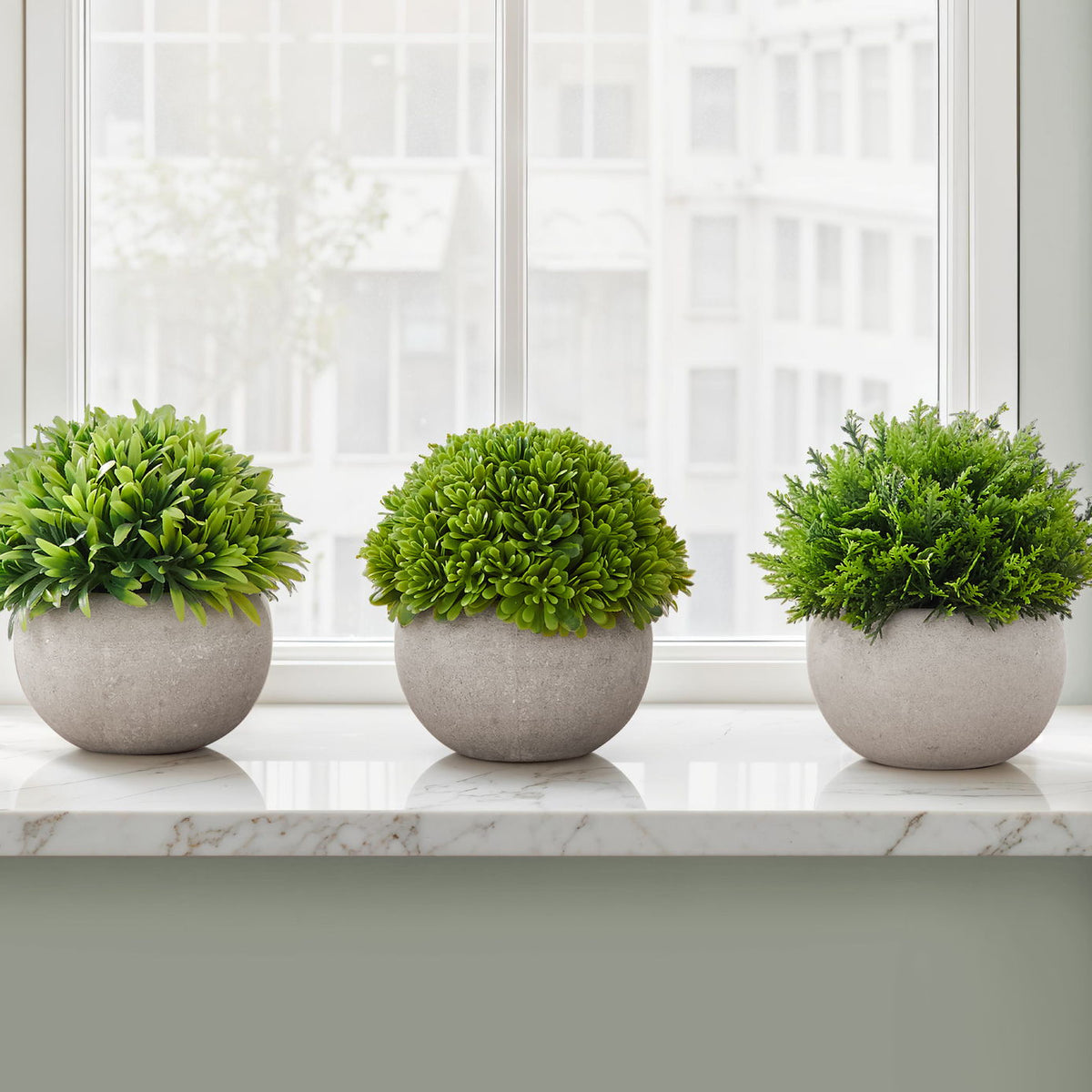 5" Tall, Artificial Plant, Grass, Indoor, Faux, Fake, Table, Greenery, Potted, Decorative (Set of 3) - Green / Gray