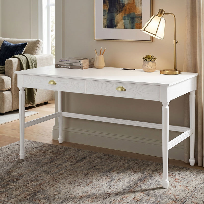 White writing desk with two drawers, brass-tone pulls, and lower shelf