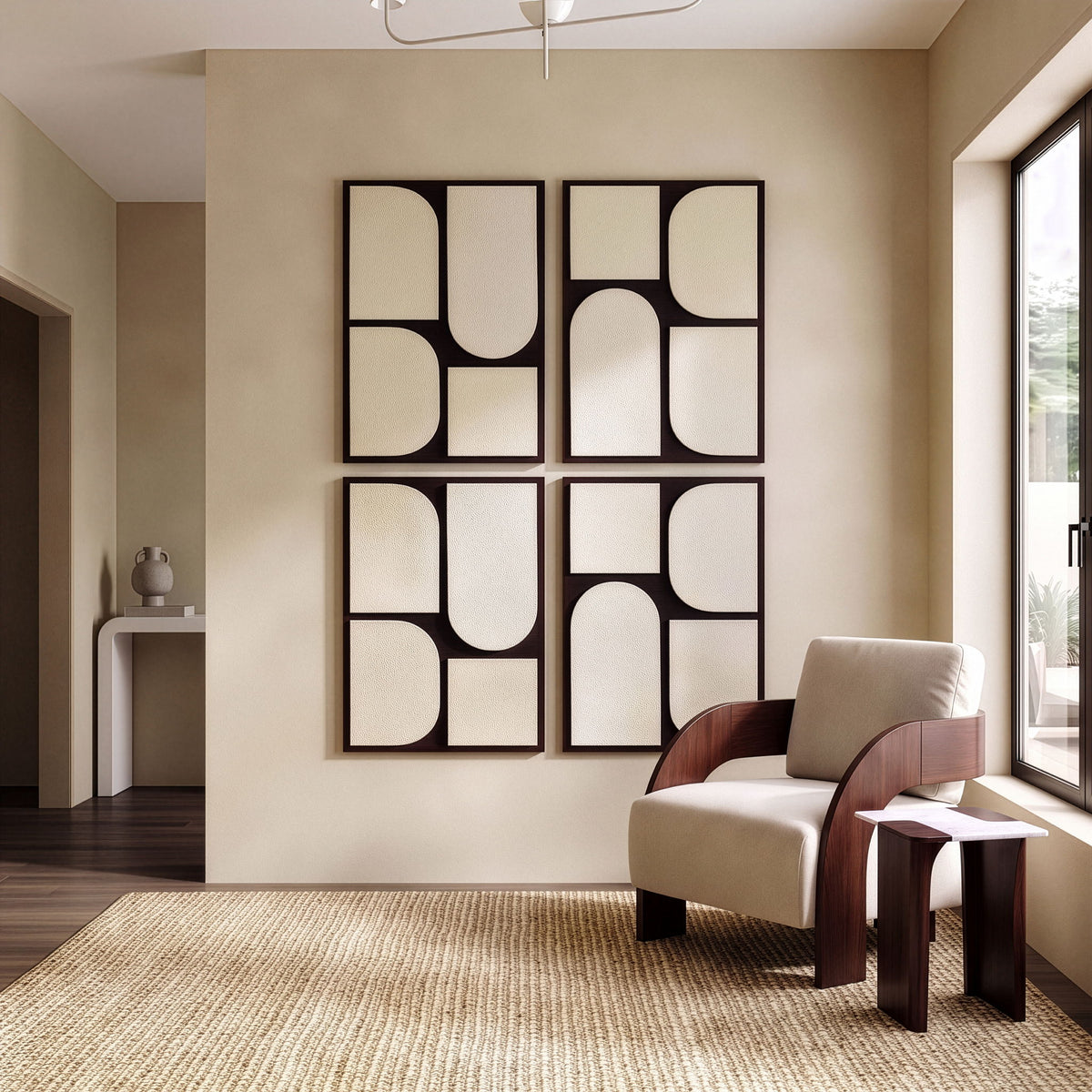 4-piece wood wall art set in dark frame with cream abstract building-block shapes on wall