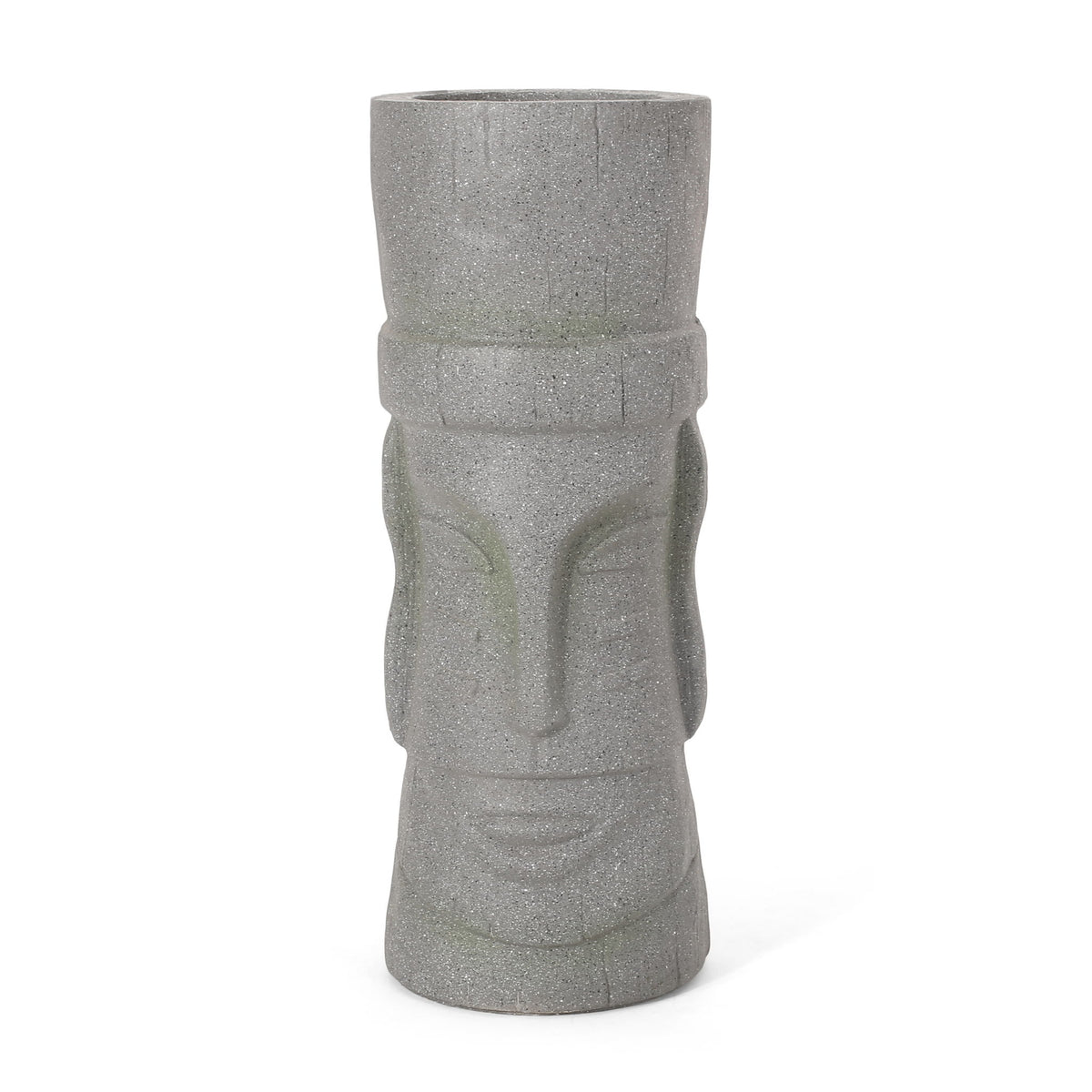 Stone gray planter with carved relief design and wide round planting opening