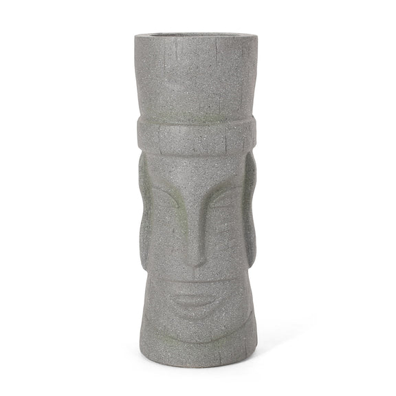 Stone gray planter with carved relief design and wide round planting opening