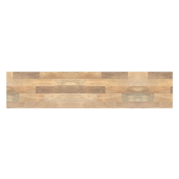 Wood top surface detail with patchwork blocks and subtle grain texture