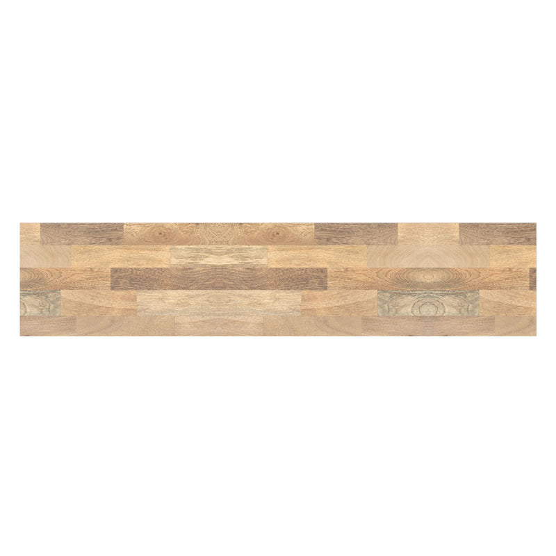 Wood top surface detail with patchwork blocks and subtle grain texture