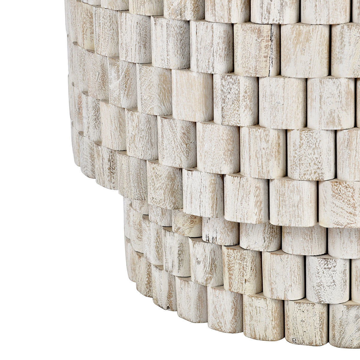 Side detail of cream woven wood blocks on round table base