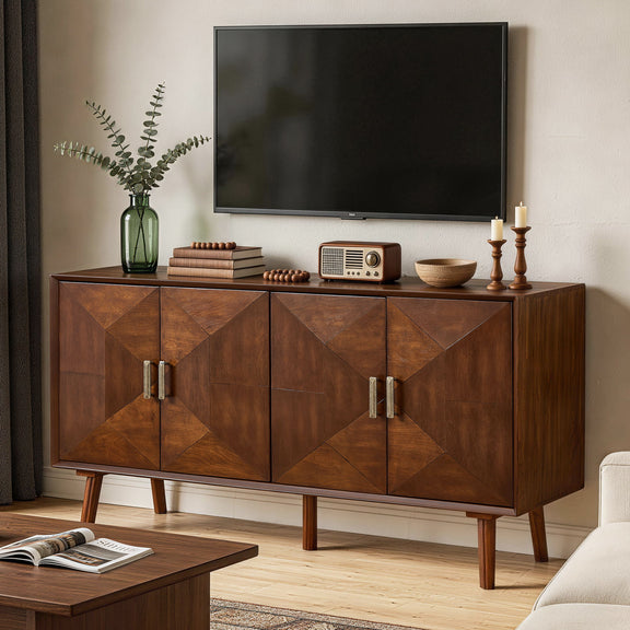 Walnut buffet cabinet with four geometric doors and metal handles, shown beneath a TV