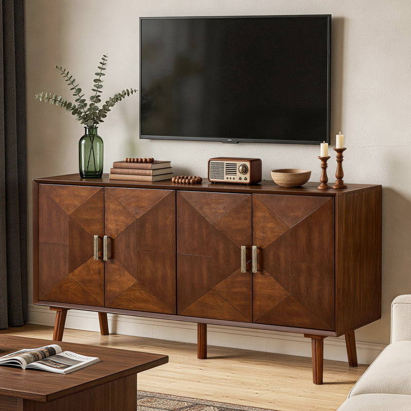 Walnut buffet cabinet with four geometric doors and metal handles, shown beneath a TV