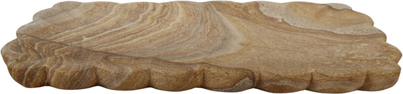 Sandstone tray with layered ridges and tan-brown stone grain, scalloped edge