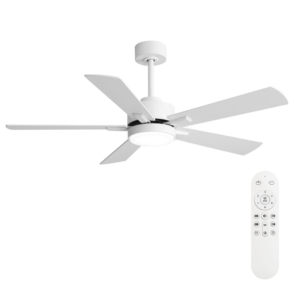 White reversible ceiling fan with 4 light blades and integrated LED light; includes remote