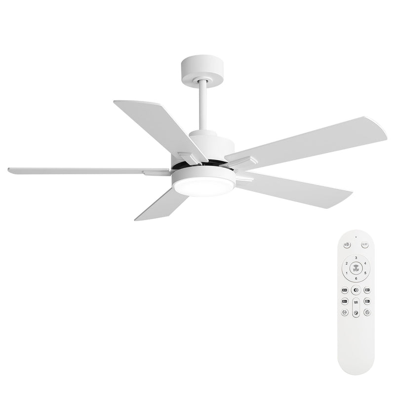 White reversible ceiling fan with 4 light blades and integrated LED light; includes remote