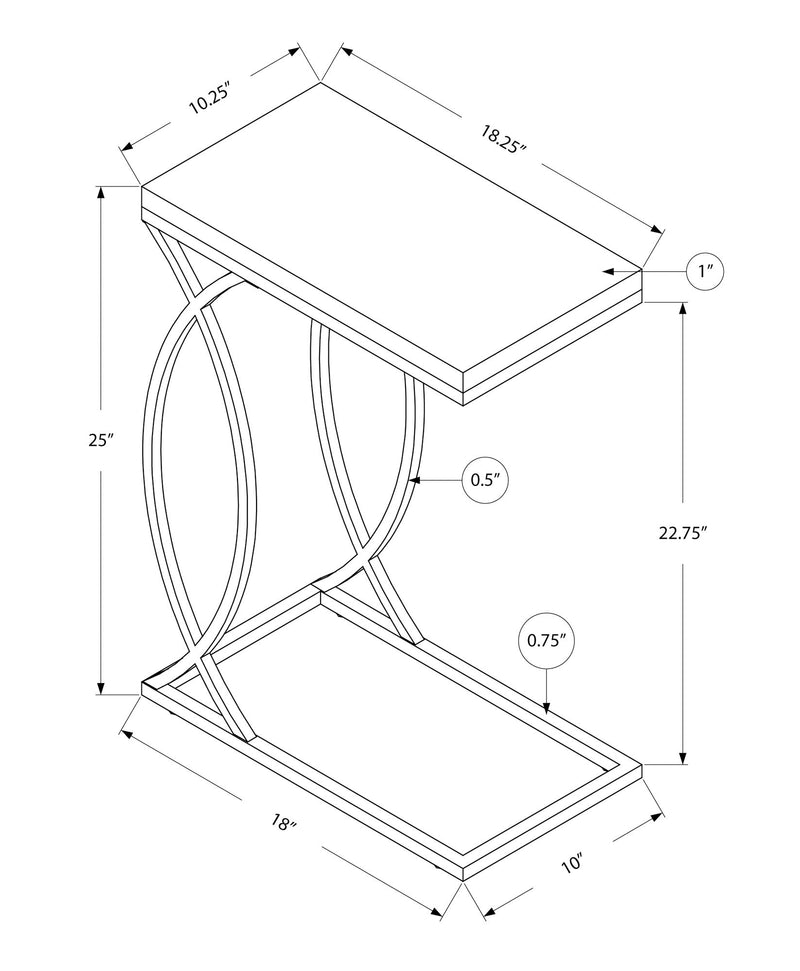 C-shaped accent table with top and lower shelf; labeled height and width dimensions.