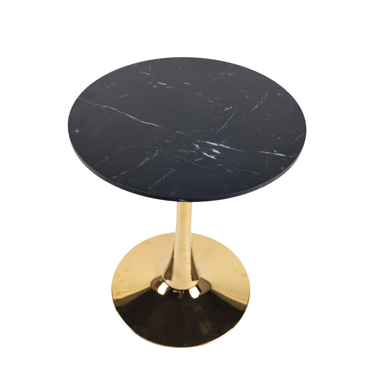 Round pedestal dining table with dark marble-look top and brushed gold pedestal