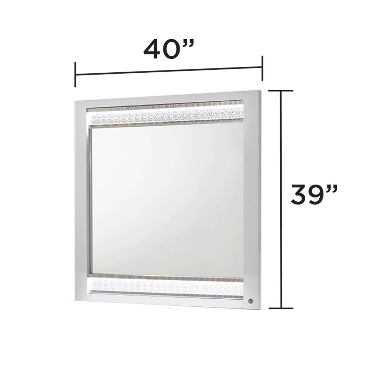 White framed LED light wall mirror, 40 in wide by 39 in tall
