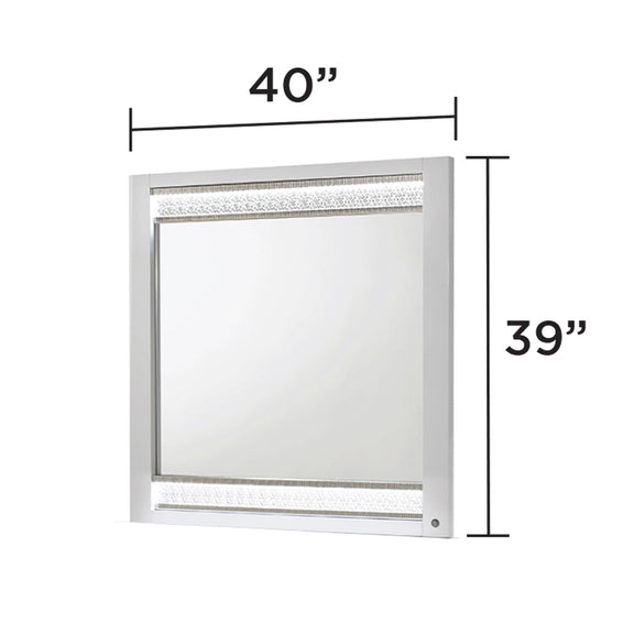 White framed LED light wall mirror, 40 in wide by 39 in tall