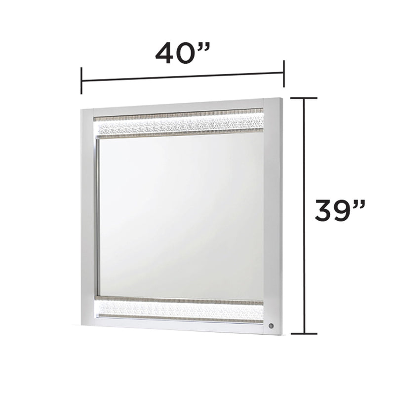 White framed LED light wall mirror, 40 in wide by 39 in tall