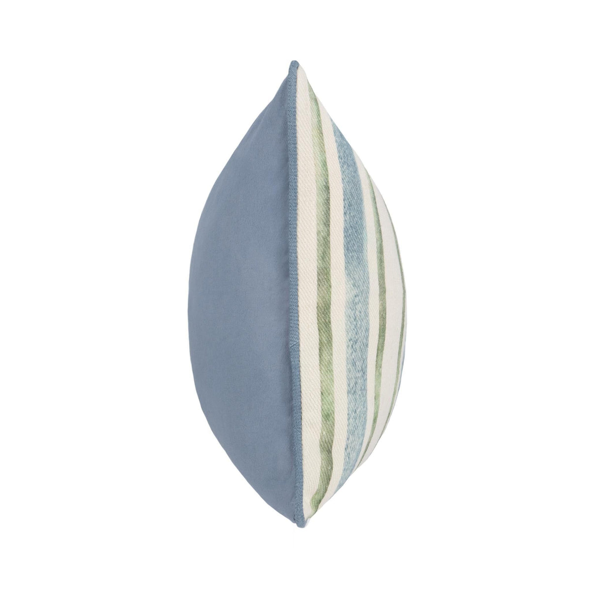Side view of ivory stripe pillow with blue backing and blue/green vertical stripe panel