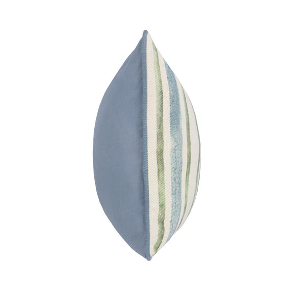 Side view of ivory stripe pillow with blue backing and blue/green vertical stripe panel