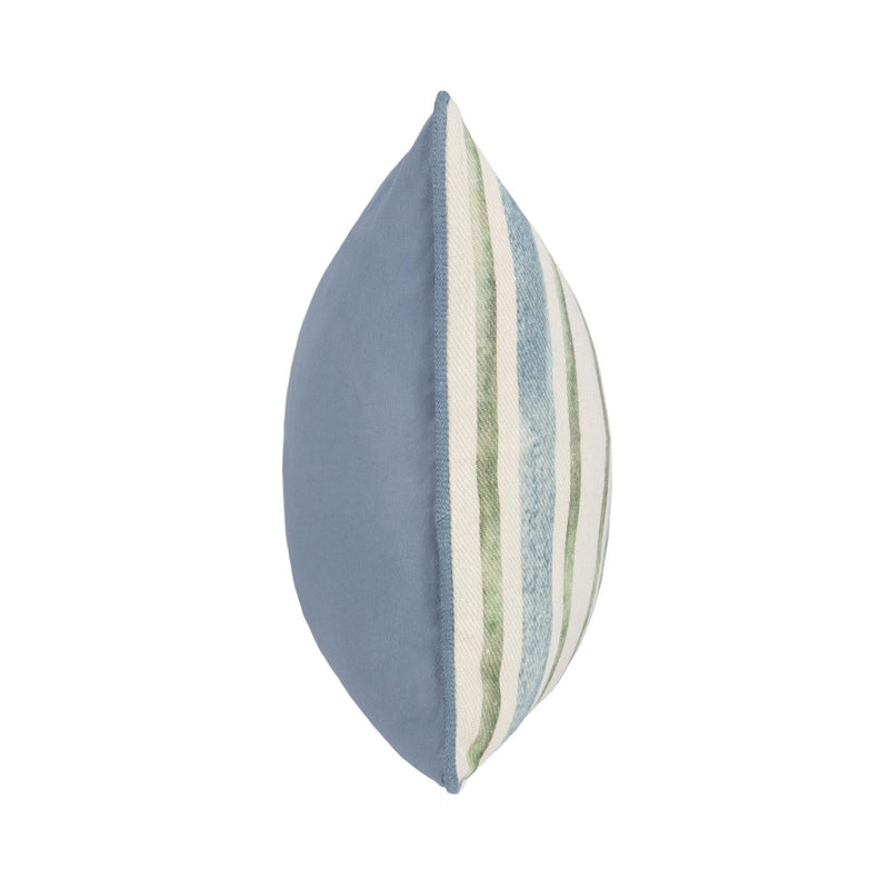 Side view of ivory stripe pillow with blue backing and blue/green vertical stripe panel