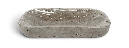 Gray travertine tray, rounded rectangular slab with mottled stone texture.
