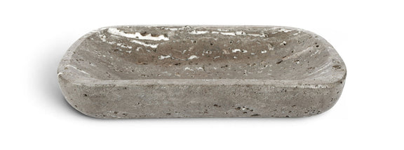 Gray travertine tray, rounded rectangular slab with mottled stone texture.