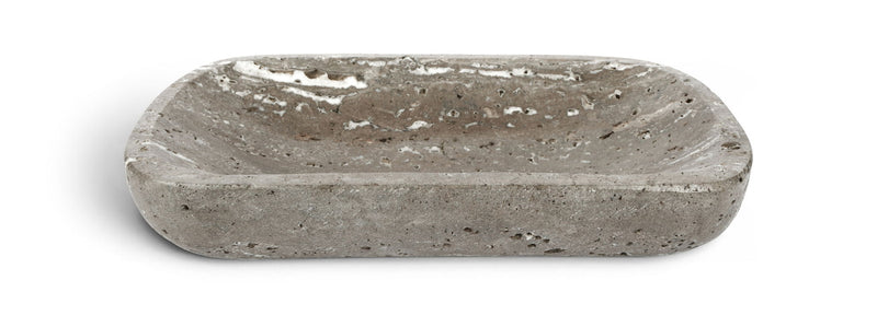 Gray travertine tray, rounded rectangular slab with mottled stone texture.