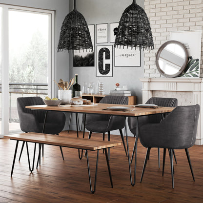 Square dining table with light brown wood tabletop and black metal legs