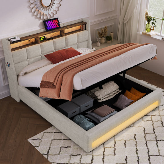 Platform bed open hydraulic storage with beige fabric base and blue LED edge strip