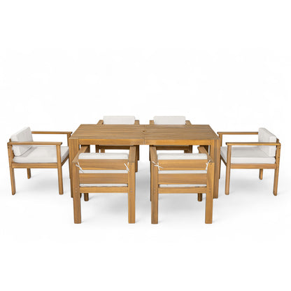 Light brown outdoor dining table with six chairs and removable seat cushions