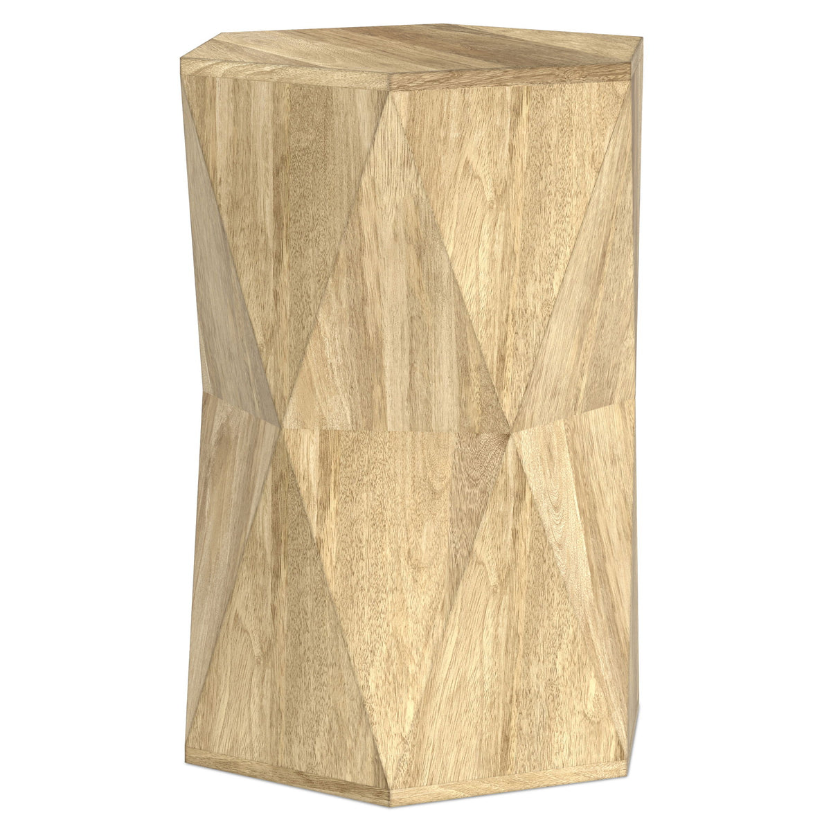 Light brown hexagon side table with geometric wood-look panels and flat top