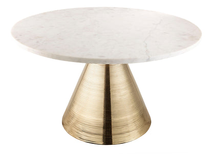 Round white marble top side table with ribbed gold-tone pedestal base