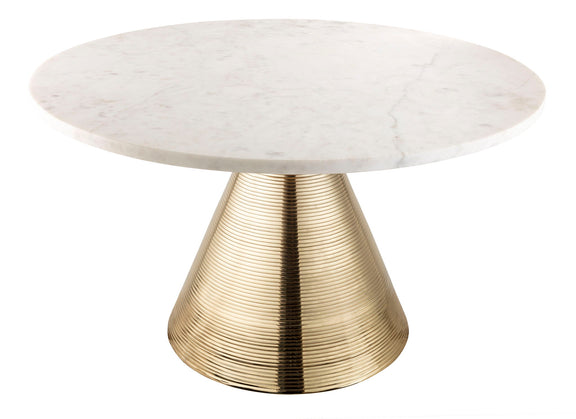 Round white marble top side table with ribbed gold-tone pedestal base