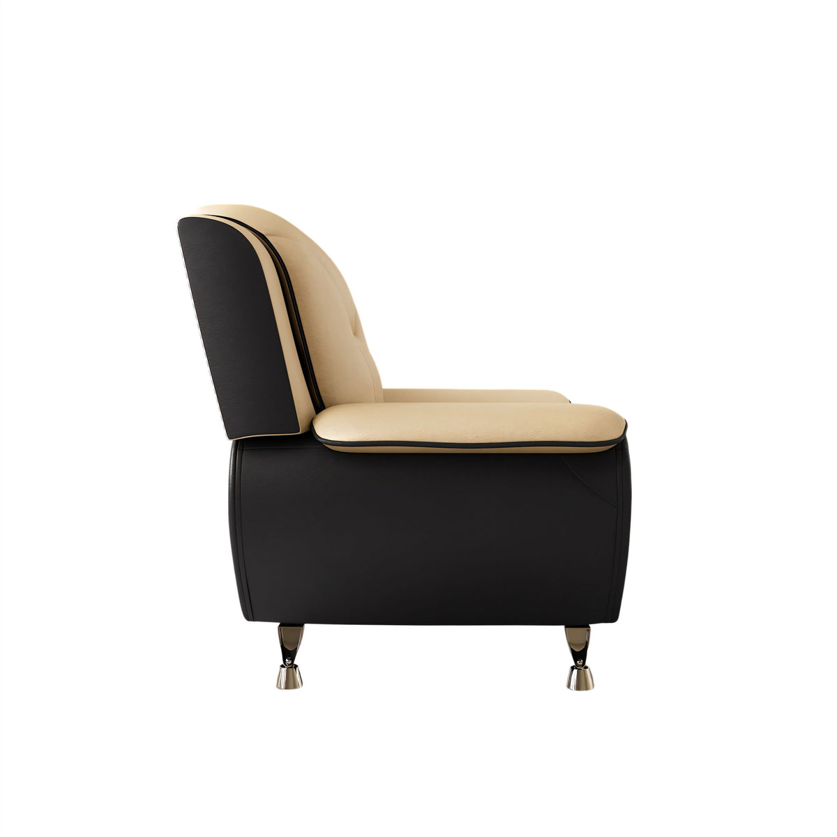 Camel and black upholstered sofa chair with side profile, curved arms, and metal feet