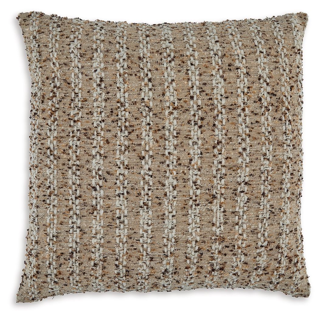 Woven square throw pillow, tan and brown with white flecks, textured front.