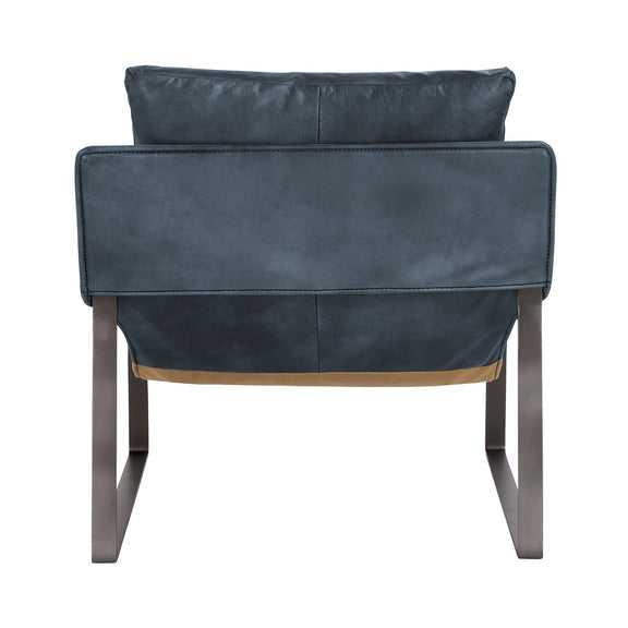 Blue accent chair with upholstered seat and back, metal legs, and side arm pads
