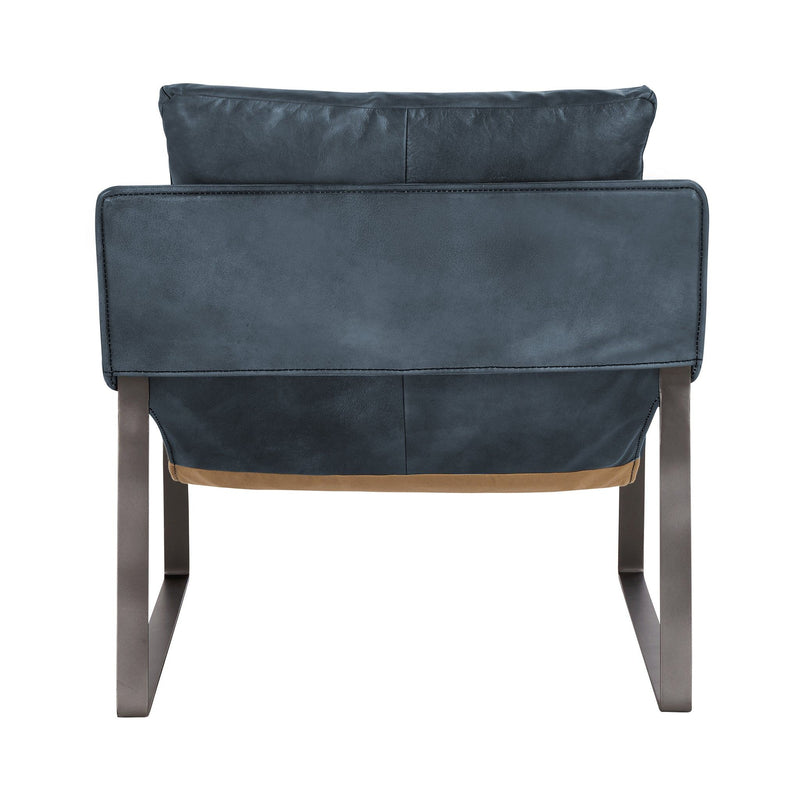Blue accent chair with upholstered seat and back, metal legs, and side arm pads