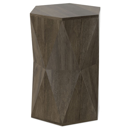 Dark gray hexagon side table with geometric wood-look panels and flat top