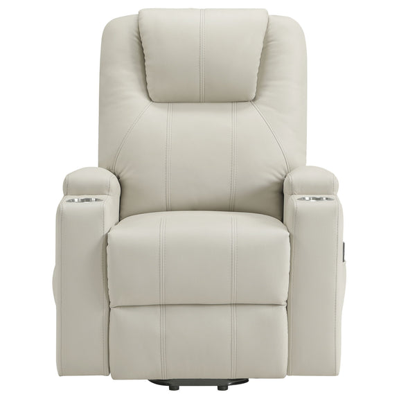 Beige power lift massage recliner with heat and padded dual cupholders.