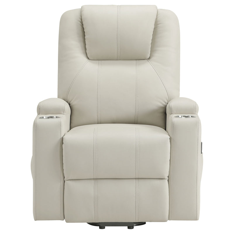 Beige power lift massage recliner with heat and padded dual cupholders.