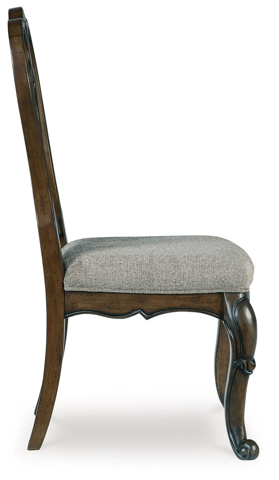 Maylee dining side chair, dark brown frame with gray upholstered seat and curved legs