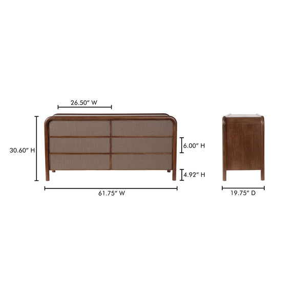Warm brown 6-drawer dresser, side view with woven fronts and tapered legs
