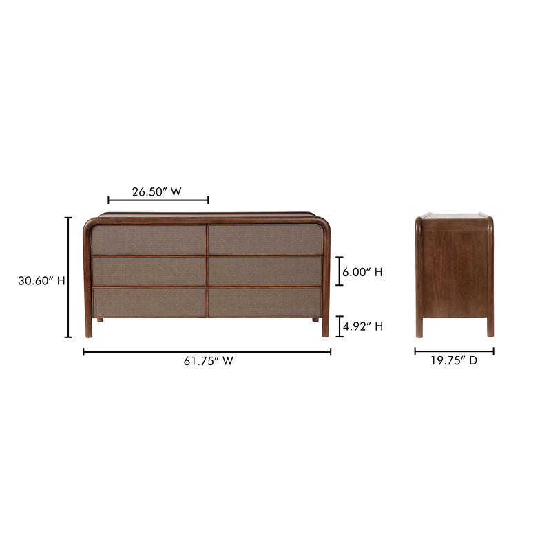 Warm brown 6-drawer dresser, side view with woven fronts and tapered legs