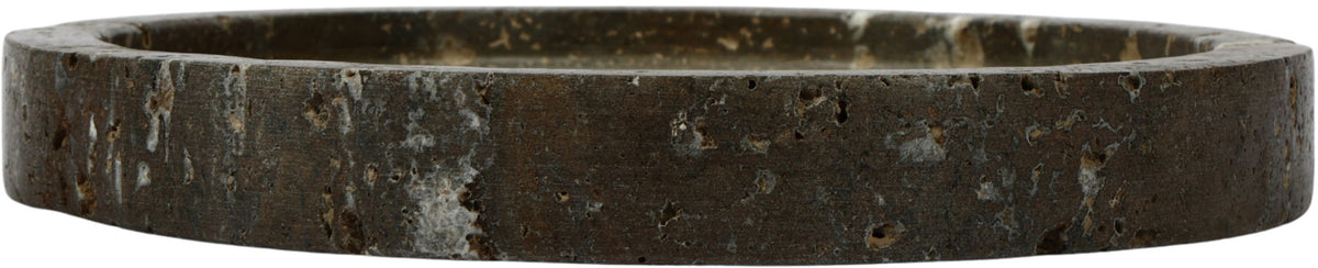 Dark gray travertine tray viewed from the side, showing a thick rim.