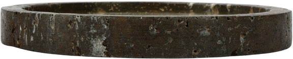 Dark gray travertine tray viewed from the side, showing a thick rim.