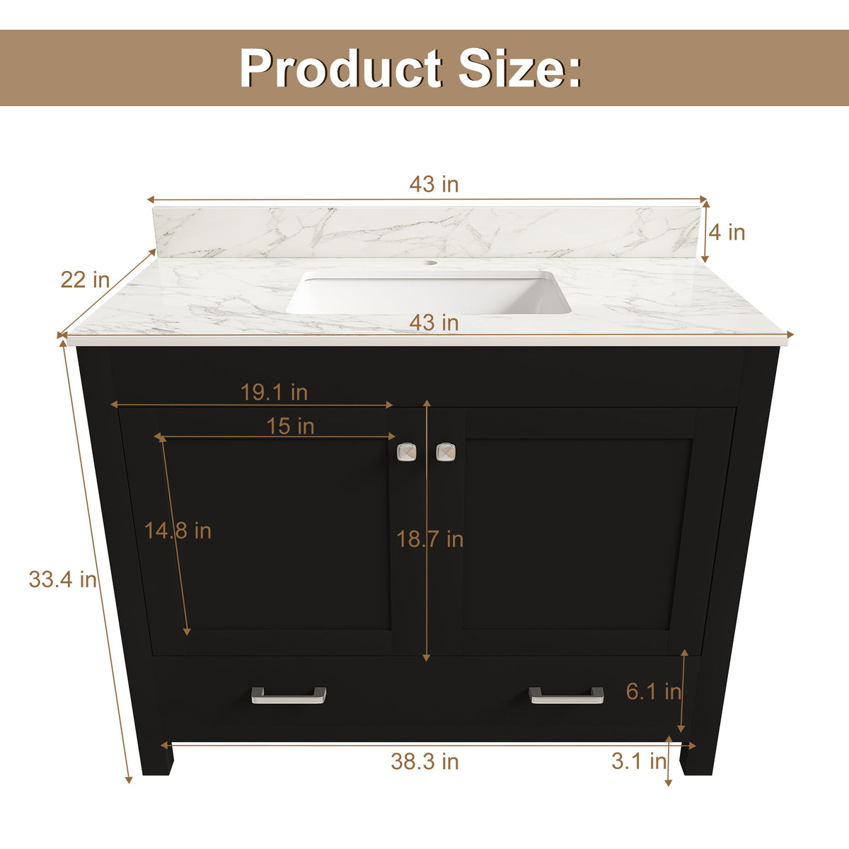 Black vanity cabinet with two doors and two drawers, white top; 43 in width