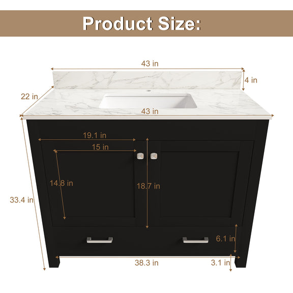 Black vanity cabinet with two doors and two drawers, white top; 43 in width
