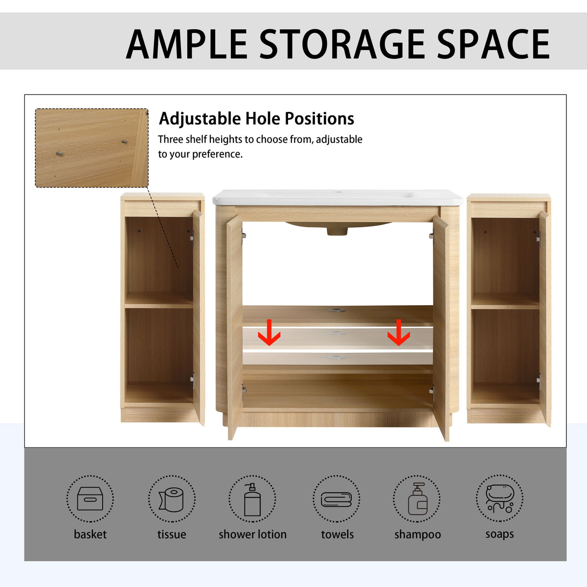 Bathroom vanity with open storage cabinets showing adjustable interior shelf positions