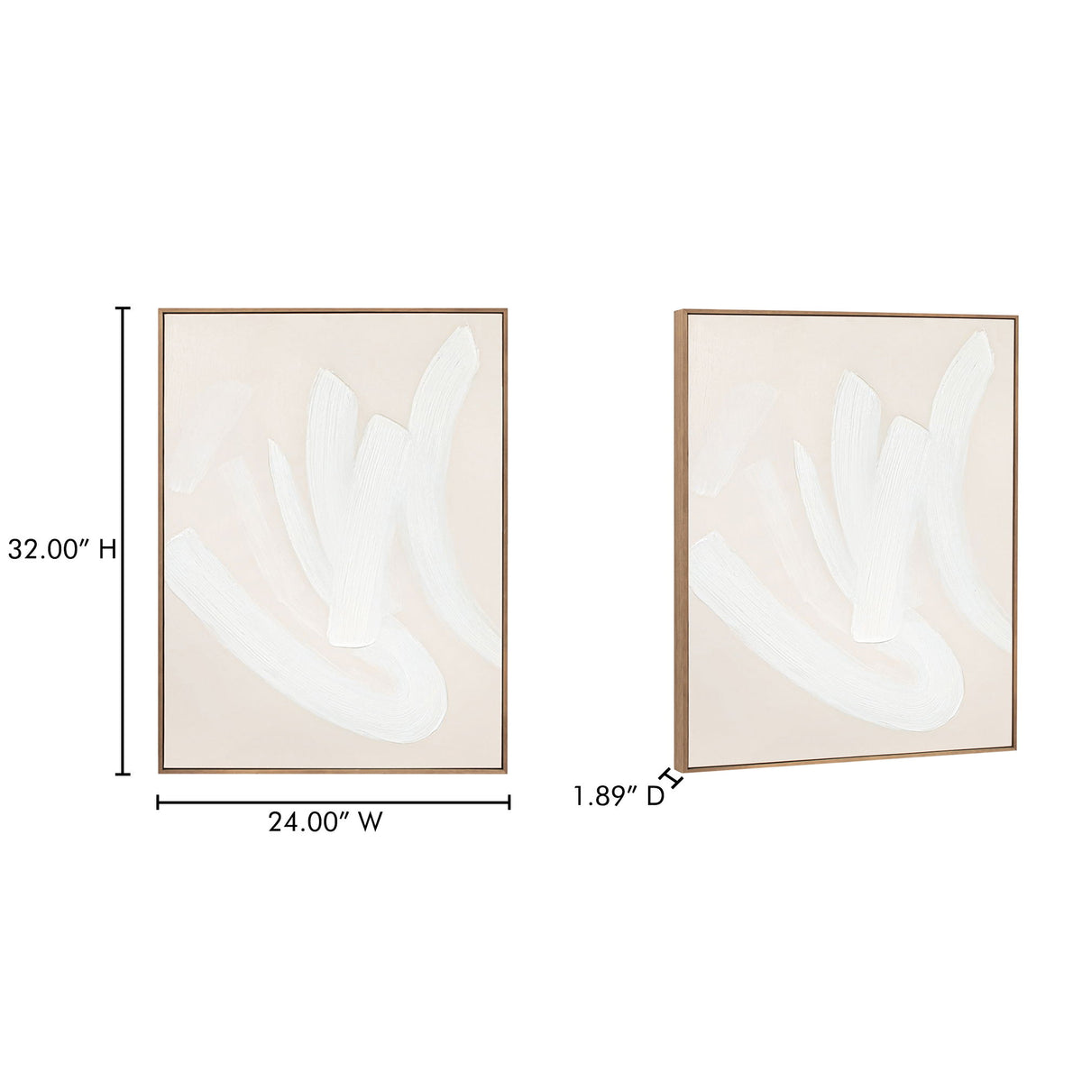 Beige framed square abstract painting with white brushstroke shapes, wall art