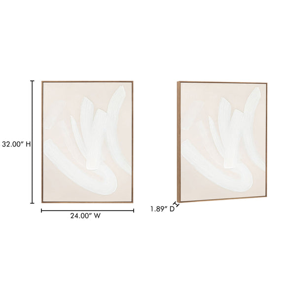 Beige framed square abstract painting with white brushstroke shapes, wall art