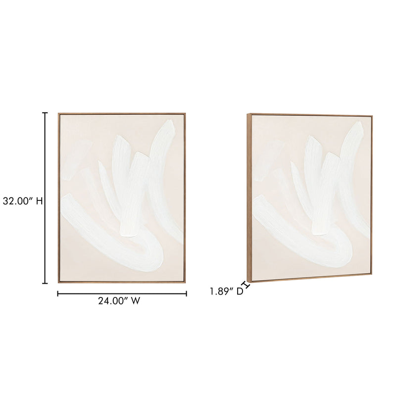 Beige framed square abstract painting with white brushstroke shapes, wall art