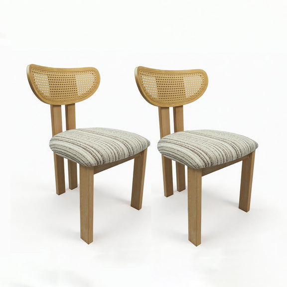 Pair of dining chairs with striped upholstered seats, wooden frames, and woven rattan backs